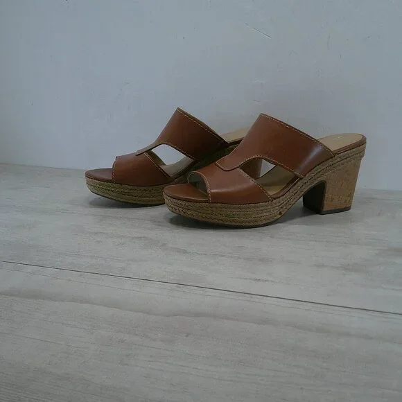 Naturalizer Evette Cognac Leather Slides Platform Wedge Peep toe Sandals 12 Wide - Picture 12 of 14